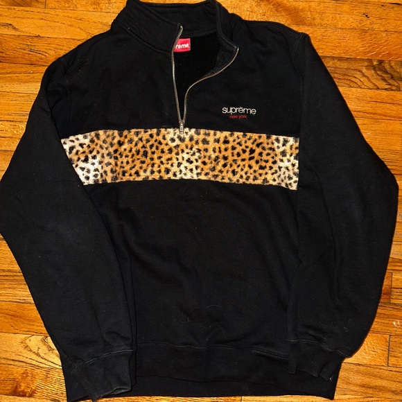 Supreme Tops - Supreme Black Zip-Up Sweater with Leopard Print